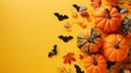Festive Halloween Flat Lay with Pumpkins and Bats on Orange Background. AI Image Royalty Free Stock Photo