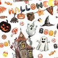 Festive Halloween seamless pattern with hand painted symbols of October 31. Watercolor pumpkin head, spooky ghost, haunted house,