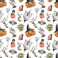 Festive Halloween seamless pattern with hand painted symbols of October 31. Watercolor pumpkin head, spooky ghost, scary skull Royalty Free Stock Photo