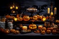 Festive Halloween set wooden table with pumpkins, candles, black bats and different scary decor.