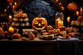 Festive Halloween set wooden table with pumpkins, candles, black bats and different scary decor.