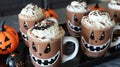 Festive Halloween-Themed Hot Chocolate Mugs with Whipped Cream