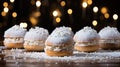 Festive Hanukkah background with Sufganiyot on dark backgrround