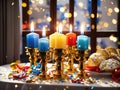 Festive Hanukkah banquet table illuminated with candles, showcasing cultural heritage and unity.