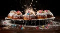 Festive Hanukkah Celebration. Vibrant Hanukkiah with Colorful Lit Candles and Delicious Sufganiyot