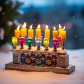 Festive Hanukkah Menorah and Dreidels in Snowy Nighttime Landscape