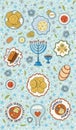 Festive hanukkah pattern with menorah, dreidel, and traditional foods on blue background Royalty Free Stock Photo
