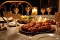 A festive Hanukkah table set for a family gathering, featuring traditional dishes like latkes and challah bread