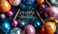 Festive Happy Birthday chalkboard sign with elegant script, surrounded by colorful party balloons, confetti, and drawing Royalty Free Stock Photo