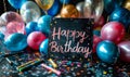 Festive Happy Birthday chalkboard sign with elegant script, surrounded by colorful party balloons, confetti, and drawing Royalty Free Stock Photo