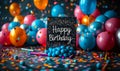 Festive Happy Birthday chalkboard sign with elegant script, surrounded by colorful party balloons, confetti, and drawing Royalty Free Stock Photo