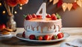 Festive happy birthday cream cake for four-year-old child, 4 year anniversary celebration Sweet food Royalty Free Stock Photo