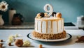 Festive happy birthday cream cake for nine-year-old child, 9 year anniversary celebration Sweet food Royalty Free Stock Photo