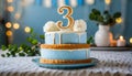 Festive happy birthday cream cake for three-year-old child, 3 year anniversary celebration Sweet food