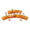 Festive Happy Halloween Text with Orange Pumpkins and Bats on White Background Royalty Free Stock Photo