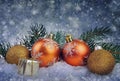 Festive Christmas balls, small box with present and fir branches Royalty Free Stock Photo