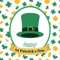 Festive Happy Saint Patrick\'s Day Greeting card leprechaun hat, background pattern with gold coins, and clover leaves Royalty Free Stock Photo