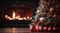 Festive Hearth Christmas Tree with Decorations Background in a Cozy Living Room with Fireplace. created with Generative AI Royalty Free Stock Photo