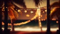 A tropical beach scene with golden circular bokeh lights palm trees., Generative AI, illustration