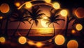 A tropical beach scene with golden circular bokeh lights palm trees., Generative AI, illustration