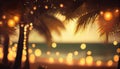 A tropical beach scene with golden circular bokeh lights palm trees., Generative AI, illustration