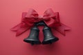 Festive Holiday Bells with Red Ribbon on Red Background, Christmas Decoration, Winter Festive Season, Joyful Celebration, Holiday Royalty Free Stock Photo