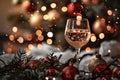 Festive Holiday Celebration with Wine and Christmas Decorations Royalty Free Stock Photo