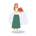 Festive Holiday Cooking. Woman Holding Roasted Turkey  for Thanksgiving Dinner Royalty Free Stock Photo