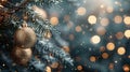 Festive Holiday Decorations: Christmas Balls Hanging from Fir Branches with Defocused Lights in Abstract Background Royalty Free Stock Photo