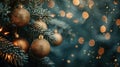 Festive Holiday Decorations: Christmas Balls Hanging from Fir Branches with Defocused Lights in Abstract Background Royalty Free Stock Photo