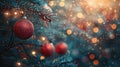 Festive Holiday Decorations: Christmas Balls Hanging from Fir Branches with Defocused Lights in Abstract Background Royalty Free Stock Photo