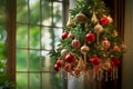 Festive holiday decorations hanging on green fir. Red baubles and golden ornamnets in a cozy room