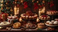 Festive holiday dessert table with decorations - generative ai Royalty Free Stock Photo