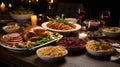 A festive holiday feast spread out on a table, complete with traditional dishes like roasted turke