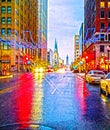 Festive Holiday lights in downtown Tulsa shinning off wet pavement-illustration