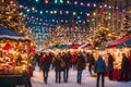 Festive holiday market with colorful stalls and twinkling lights