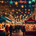 Festive holiday market with colorful stalls and twinkling lights