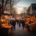 A festive holiday market filled with vendors selling seasonal treats, crafts, and gifts.