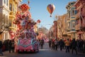 A festive holiday parade featuring floats, performers, and musicians. Royalty Free Stock Photo