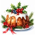 Festive Holiday Pudding Cake with White Icing Berries and Pine Decorations on Plate Isolated Royalty Free Stock Photo