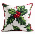Festive Holiday Throw Pillow with Holly Berry Pattern on White Background Royalty Free Stock Photo