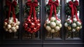 Festive Holiday Wreaths Adorn a Snowy Mountain Cabin Door Royalty Free Stock Photo