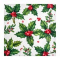 Festive Holly Berry and Green Leaves Pattern on White Textured Background Royalty Free Stock Photo