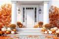 Festive Home Entrance with Pumpkins and Mums. Front porch with Thanksgiving decor