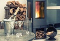 Festive home interior wirh champagne, two glasses and fireplace Royalty Free Stock Photo