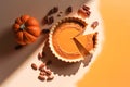 Festive homemade appetizing ripe pumpkin pie, minimalistic orange background, seasonal fall baking