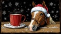 a festive illustration of a horse wearing a santa hat with a steaming mug, set against a snowy, wintery background with snowflakes Royalty Free Stock Photo