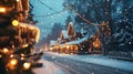 Festive illumination on winter cabins during a snowfall Royalty Free Stock Photo