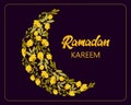 Festive illustration, colorful moon made of delicate yellow flowers and leaves and text Ramadan kareem on a dark background.