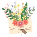 Festive illustration, cute envelope with wild flowers and label with inscription, postcard for March 8.